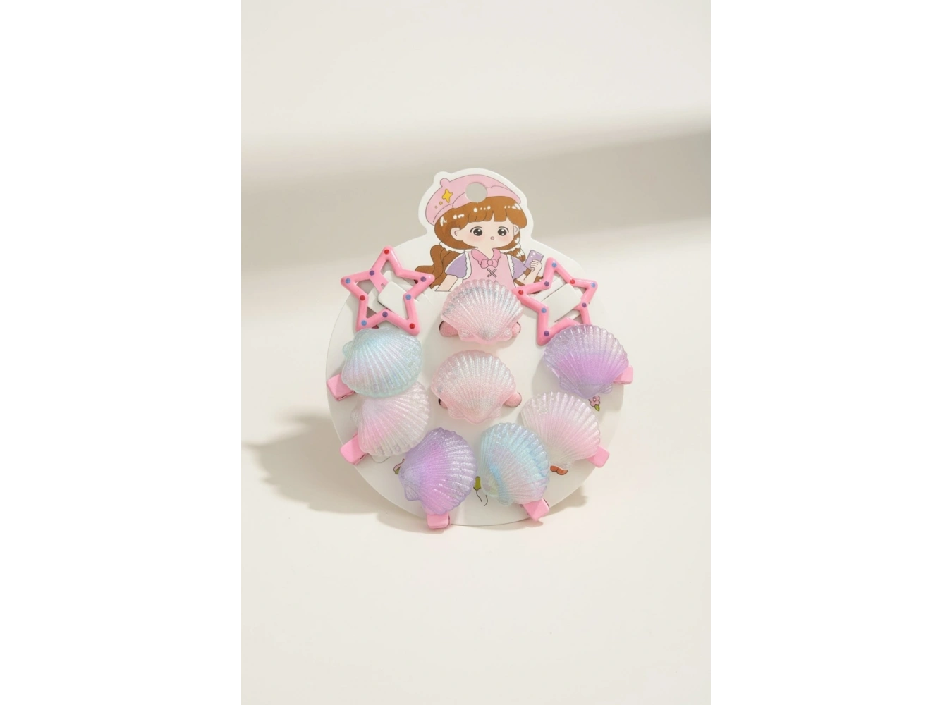 10lu Pembe Renk Deniz Kabuğu Ve Yıldız Figürlü Lastik Toka Ve Yan Toka Set