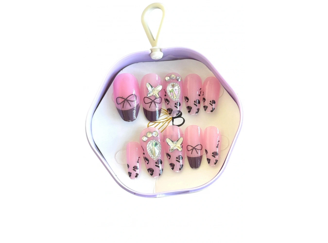 10lu Pembe Renk Taş Detaylı Takma Tırnak Set (Yapıştırıcılı)