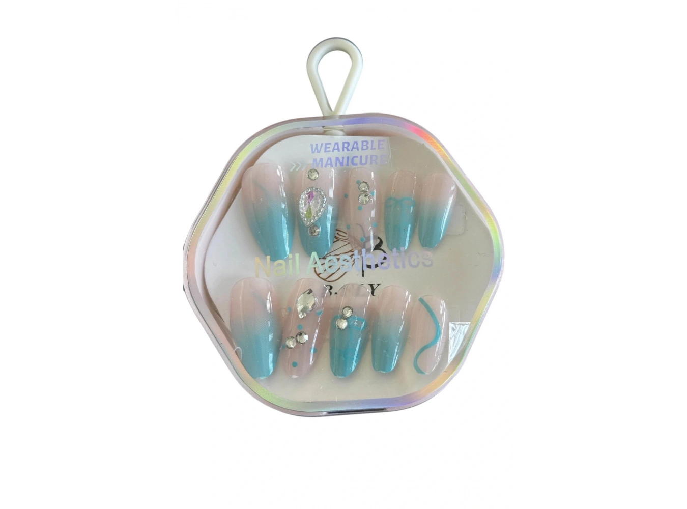 10lu Pembe Ve Mavi Renk Taş Detaylı Takma Tırnak Set (Yapıştırıcılı)