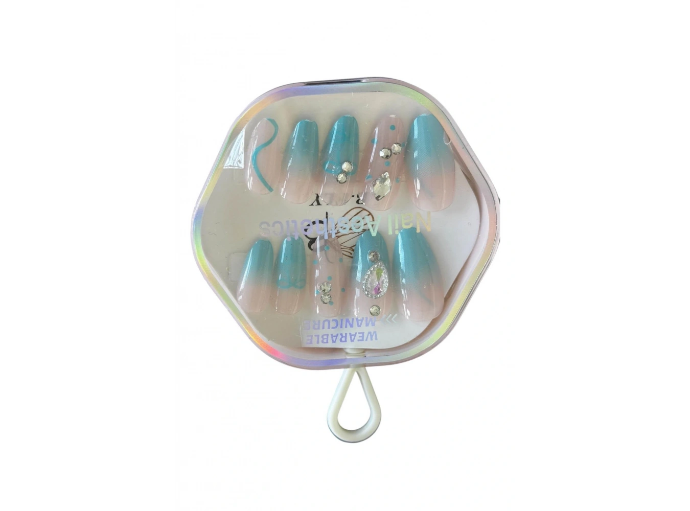 10lu Pembe Ve Mavi Renk Taş Detaylı Takma Tırnak Set (Yapıştırıcılı)