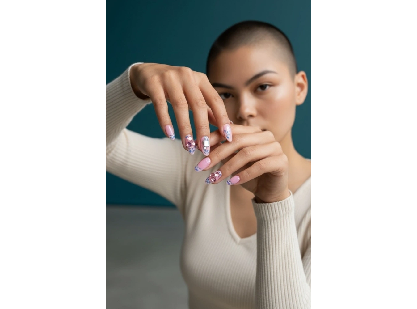 10lu Pembe Ve Mavi Renk Taş Detaylı Takma Tırnak Set (Yapıştırıcılı)