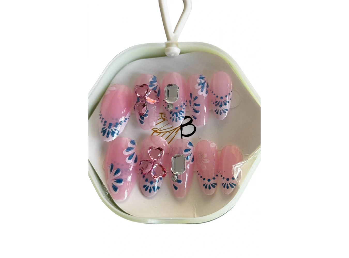 10lu Pembe Ve Mavi Renk Taş Detaylı Takma Tırnak Set (Yapıştırıcılı)