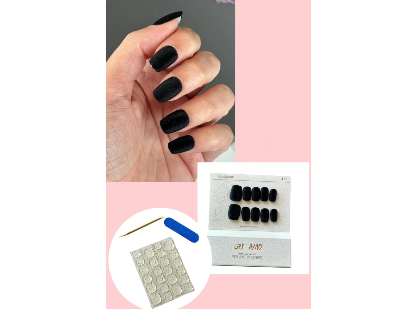 10lu Siyah Renk Kadife Takma Tırnak Set (Yapıştırıcılı)