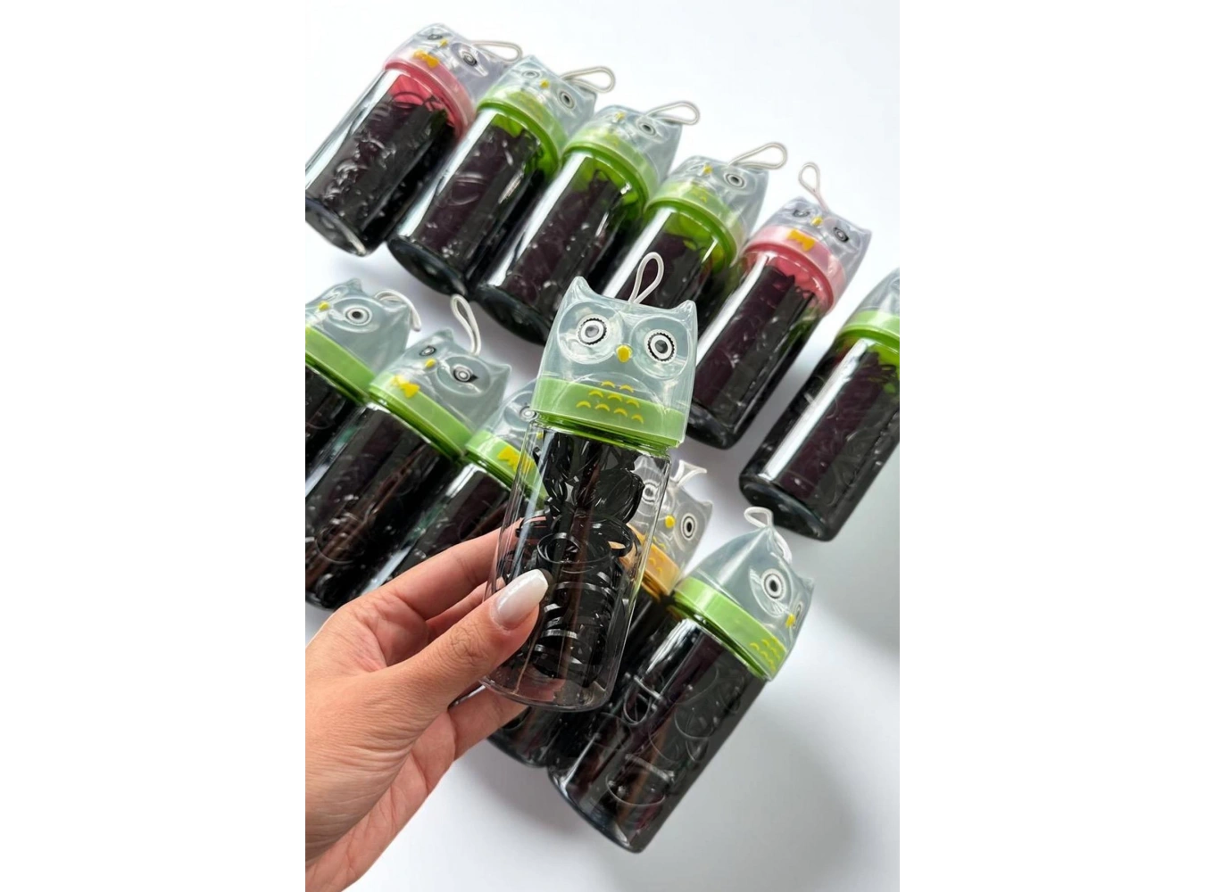 12li Baykuş Figürlü Siyah Renk Perma Lastik Toka Set