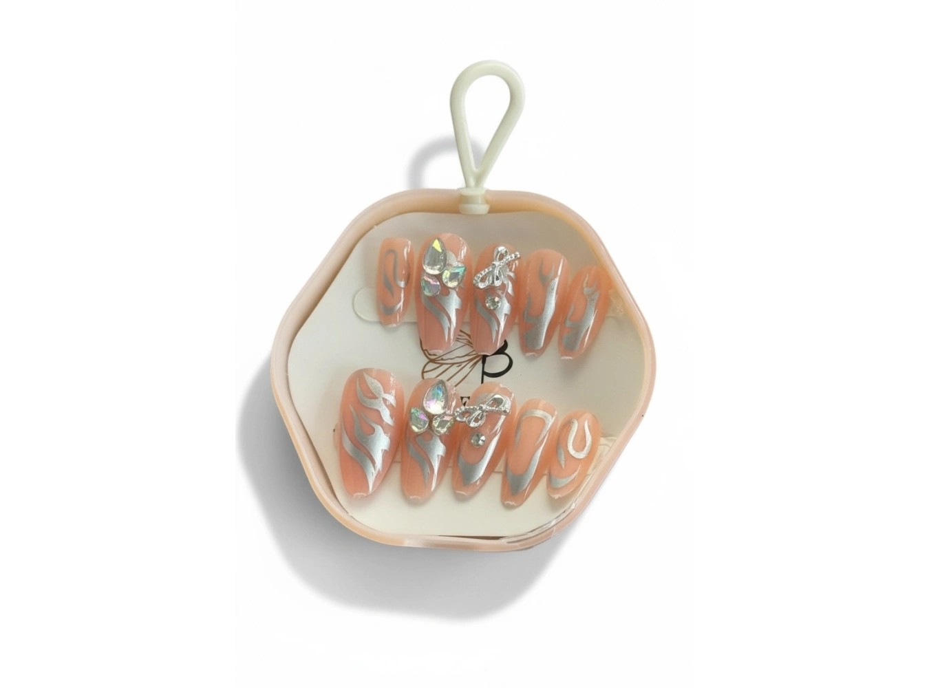 12li Bej Renk Taş Detaylı Takma Tırnak Set (Yapıştırıcılı)