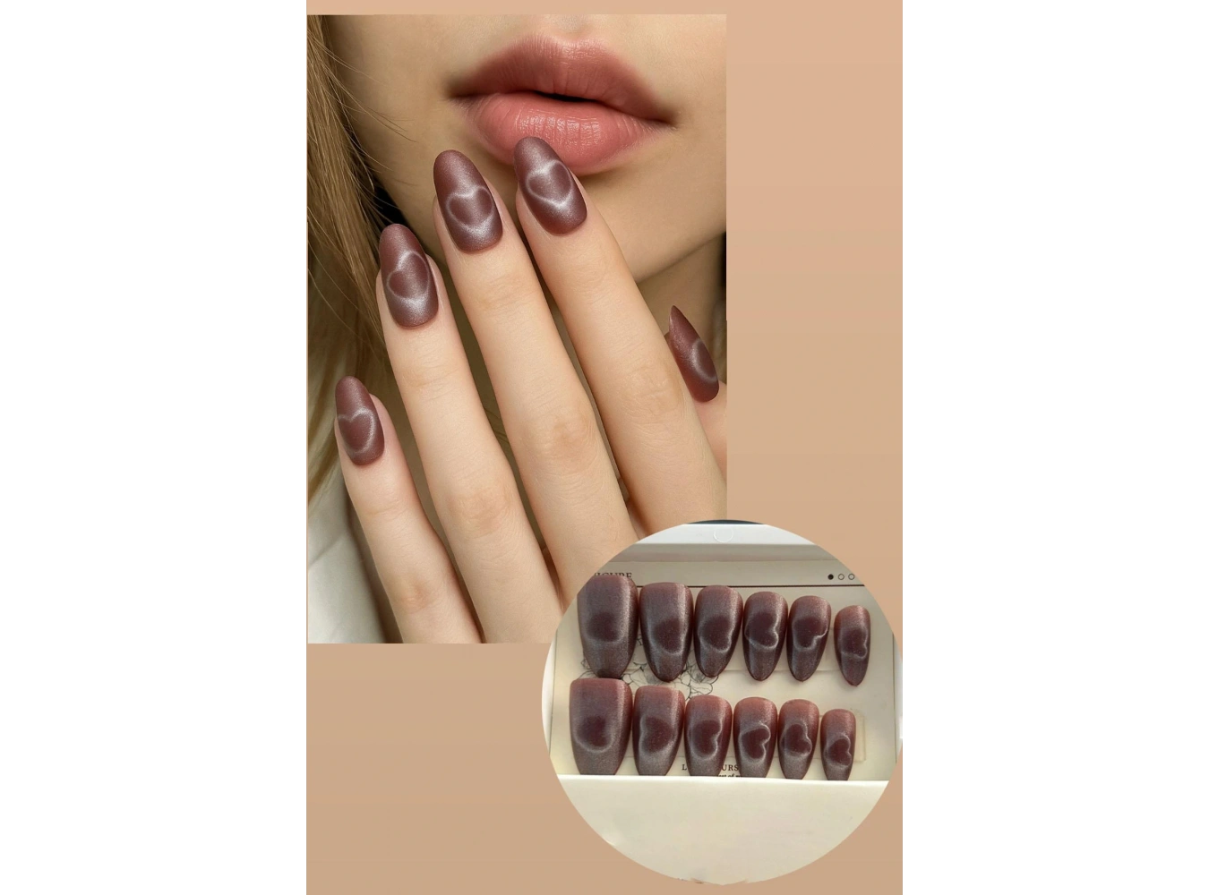 12li Bordo Renk Kalp Desenli Takma Tırnak Set (Yapıştırıcılı)