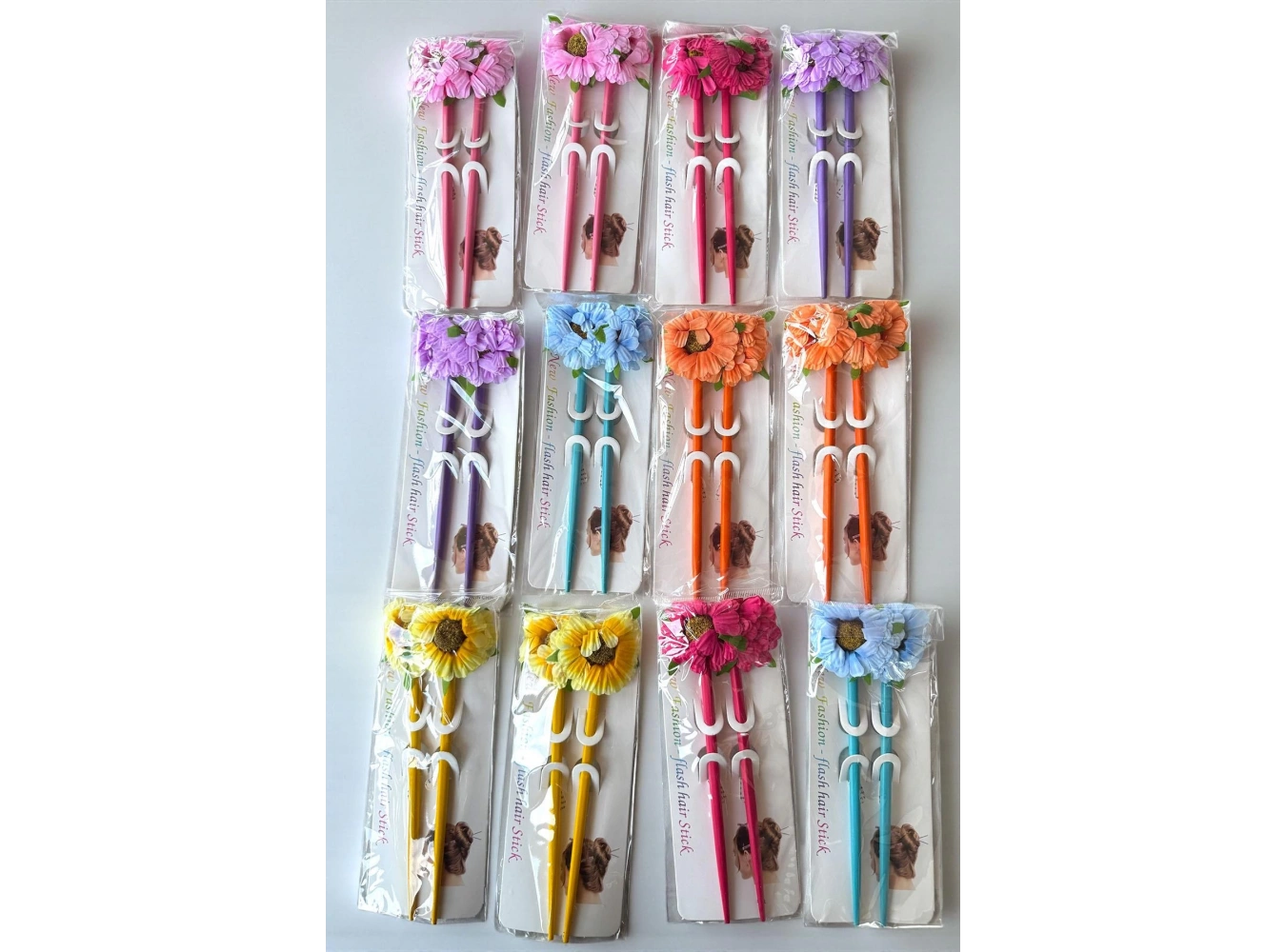 12li Karışık Renk Çiçek Figürlü Topuz Kalemi/ Tokası Set