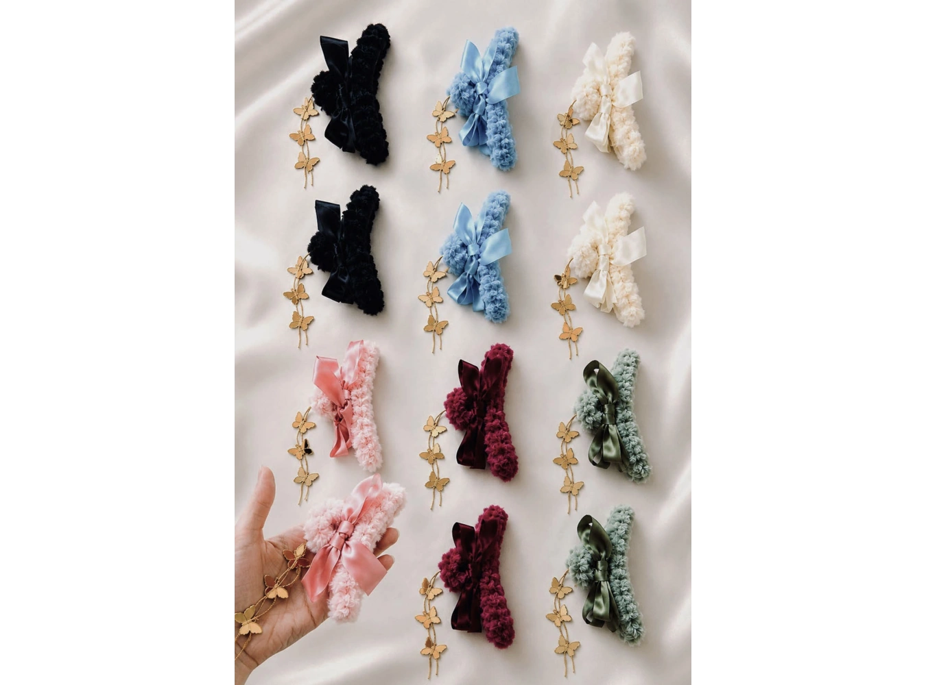 12li Karışık Renk Kelebek Detaylı  Peluş Mandal Toka Set