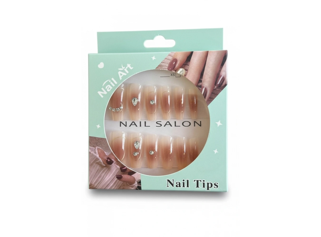 12li Krem Ve Pembe Renk Taş Detaylı Takma Tırnak Set (Yapıştırıcılı)