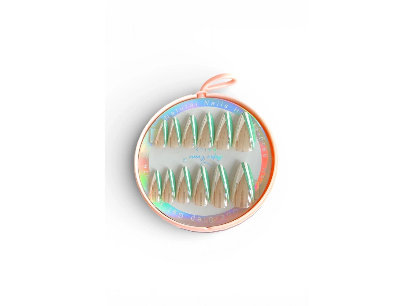 12li Krem Ve Yeşil Renk Jel Görünümlü Takma Tırnak (Yapıştırıcılı)