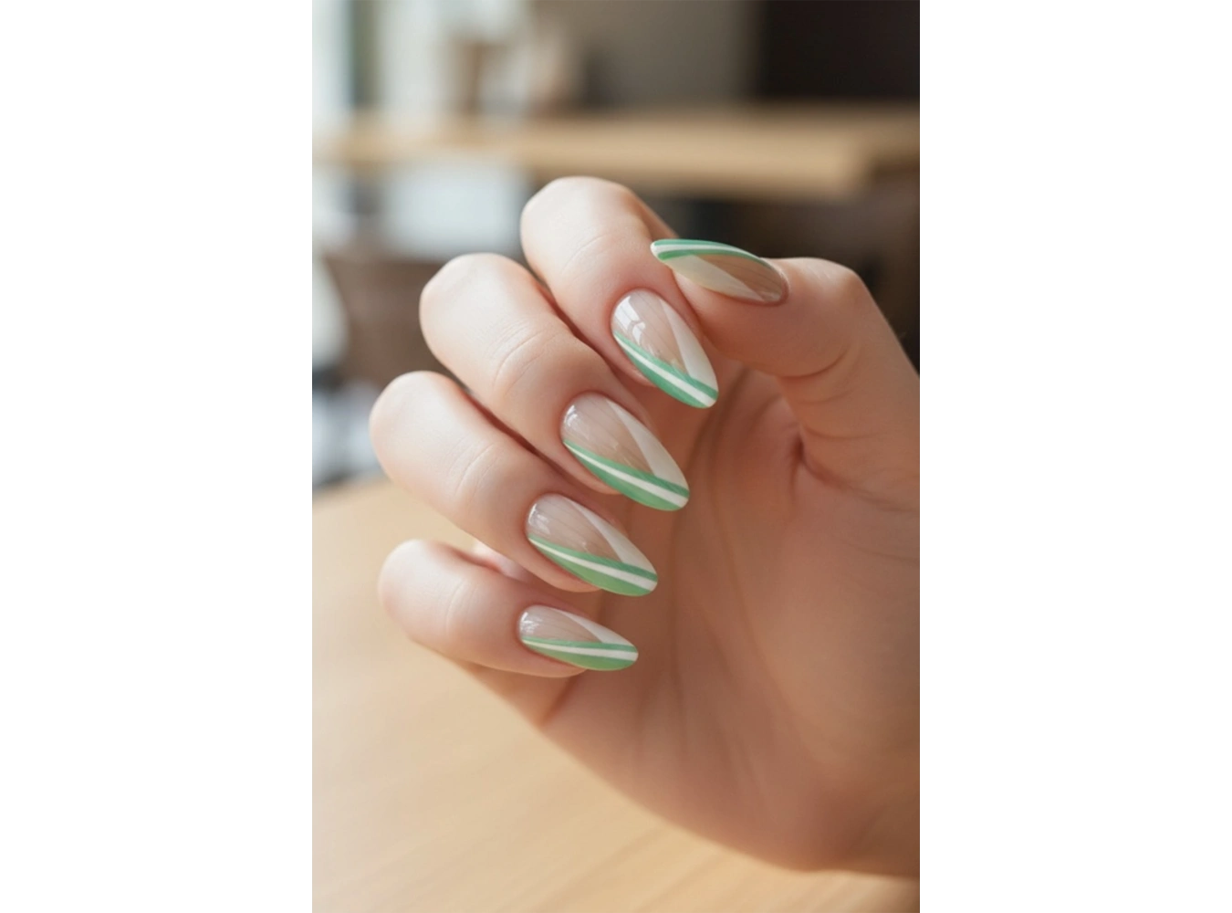 12li Krem Ve Yeşil Renk Jel Görünümlü Takma Tırnak (Yapıştırıcılı)