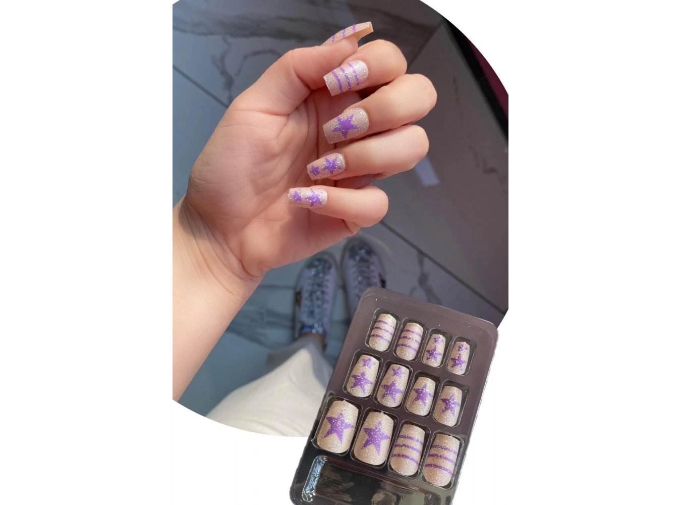 12li Mor Renk Yıldız Figürlü Takma Tırnak Seti