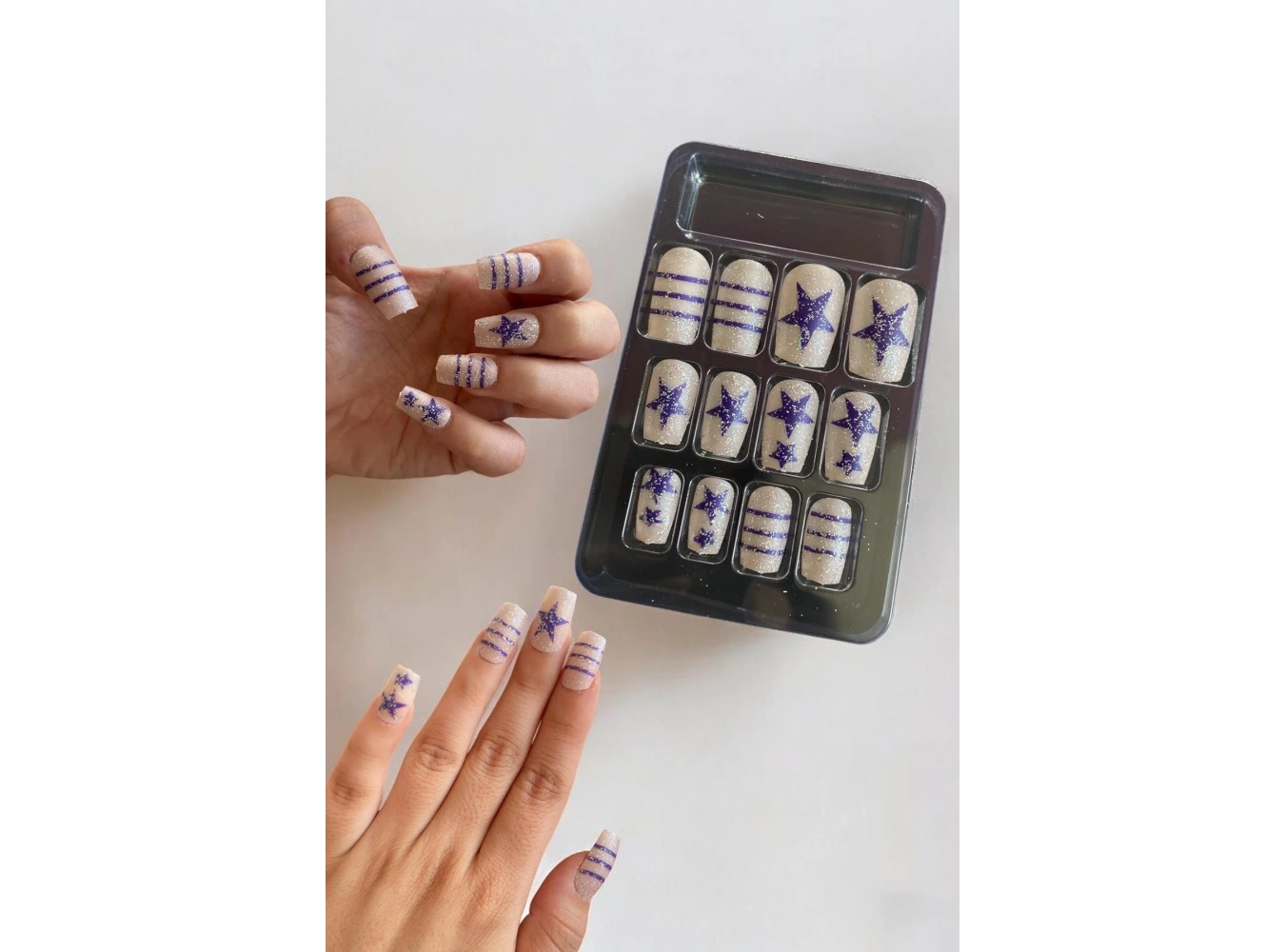 12li Mor Ve Beyaz Renk Yıldız Figürlü Takma Tırnak Seti