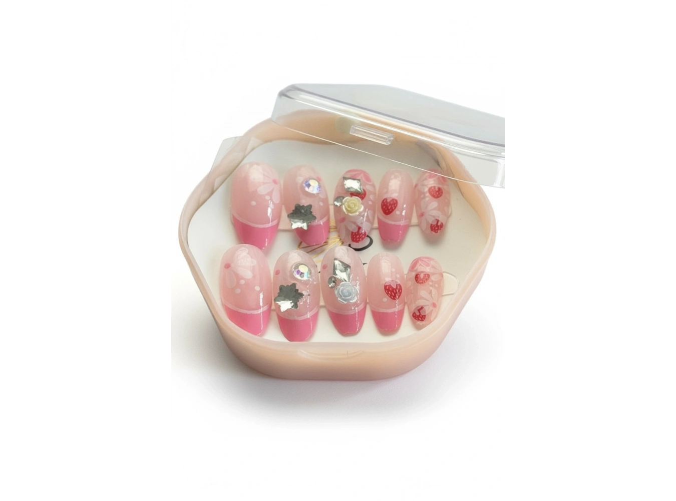 12li Pembe Renk Çilek Figürlü Taş Detaylı Takma Tırnak Set (Yapıştırıcılı)