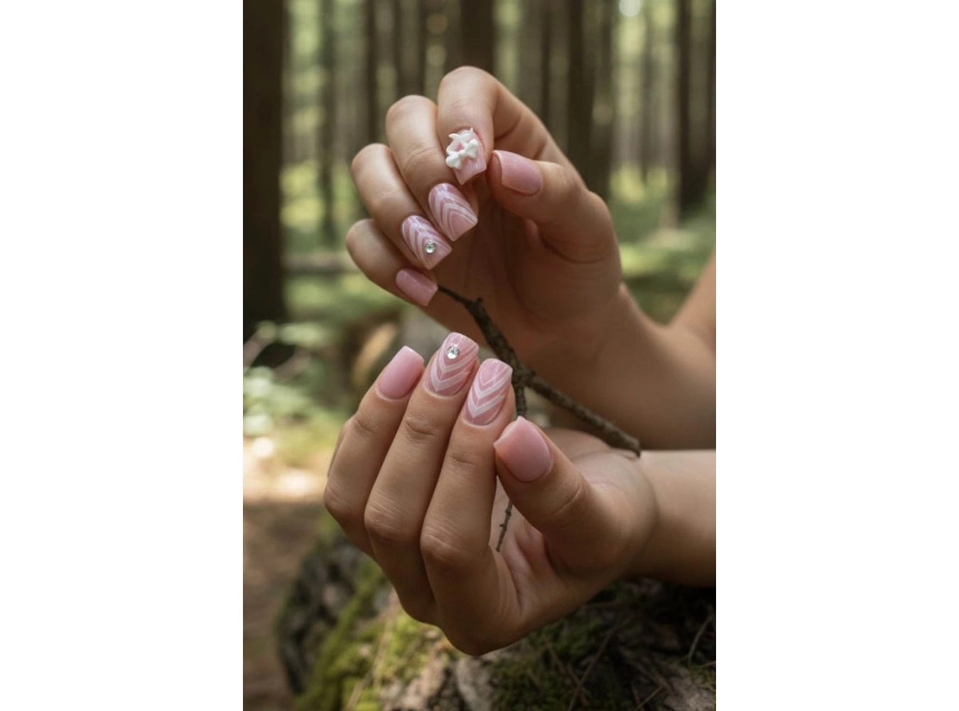 12li Pembe Renk Kurdele Detaylı Takma Tırnak Set (Yapıştırıcılı)