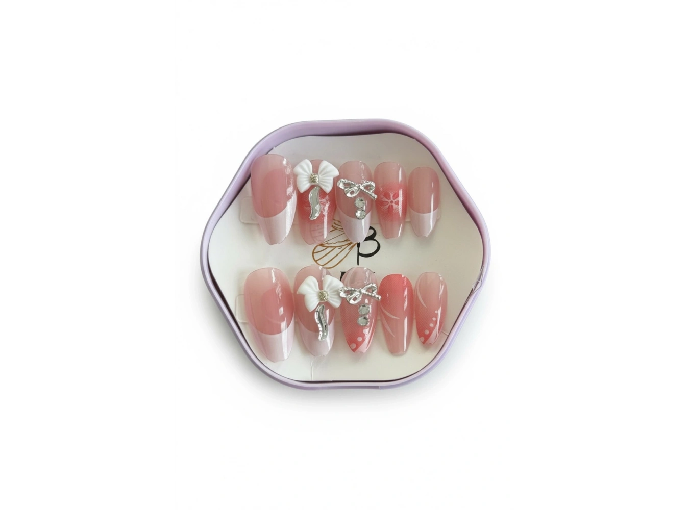 12li Pembe Renk Kurdele Figürlü Taş Detaylı Takma Tırnak Set (Yapıştırıcılı)