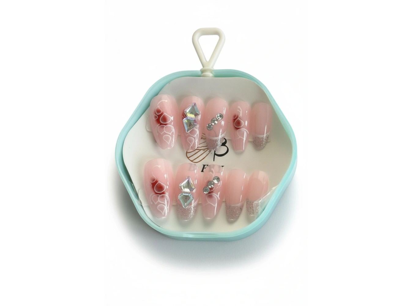 12li Pembe Renk Taş Detaylı Takma Tırnak Set (Yapıştırıcılı)