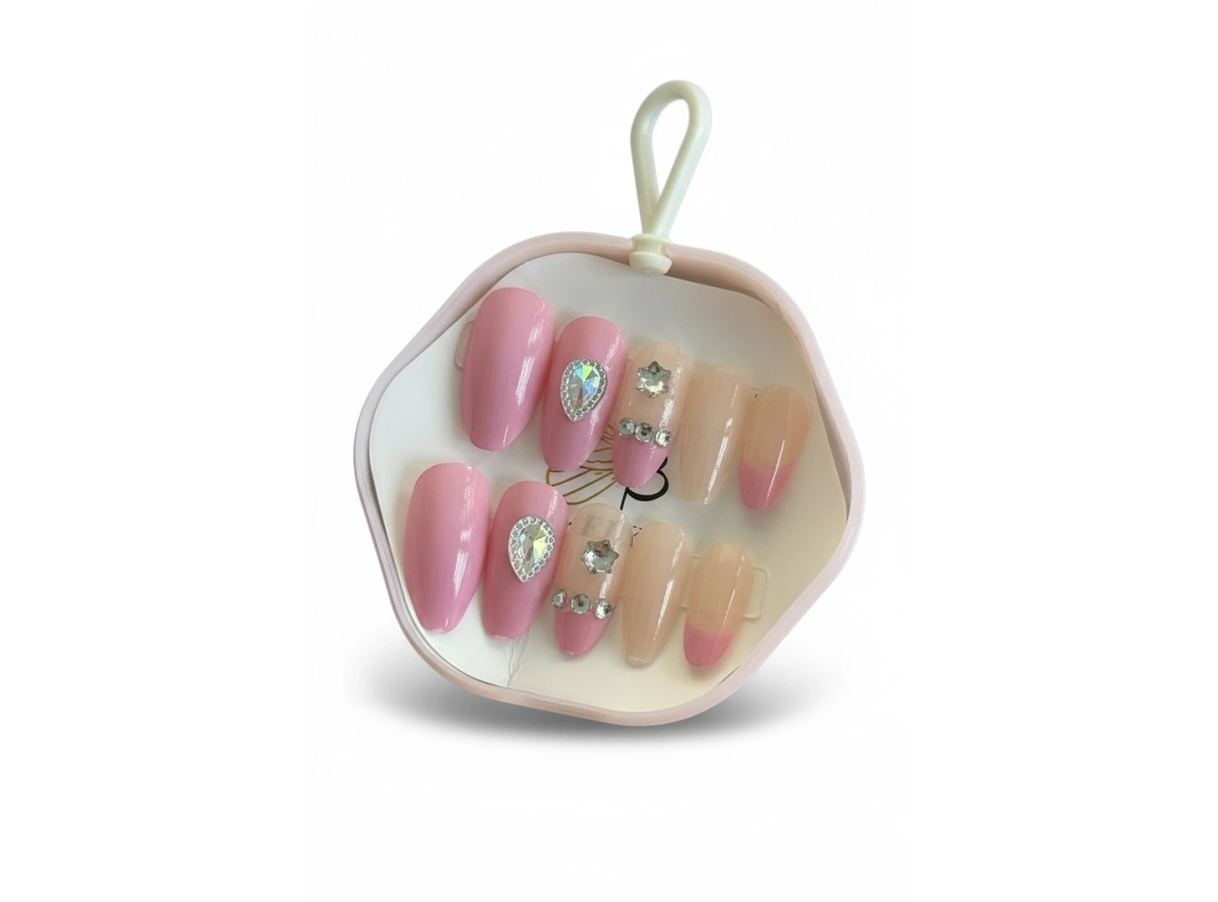 12li Pembe Renk Taş Detaylı Takma Tırnak Set (Yapıştırıcılı)