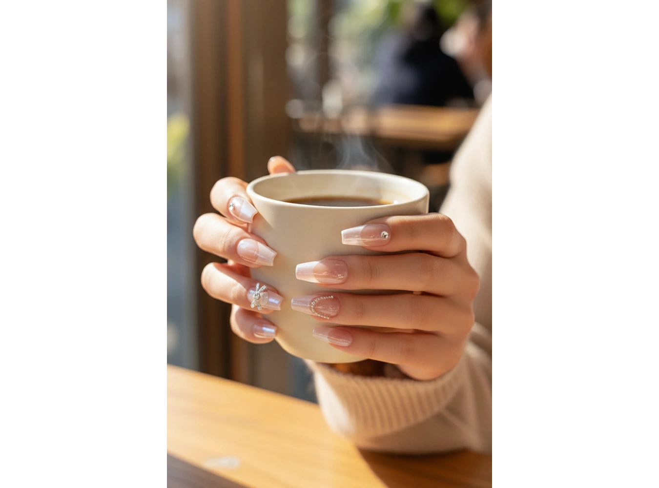 12li Pudra Ve Beyaz Renk Jel Görünümlü Takma Tırnak (Yapıştırıcılı)