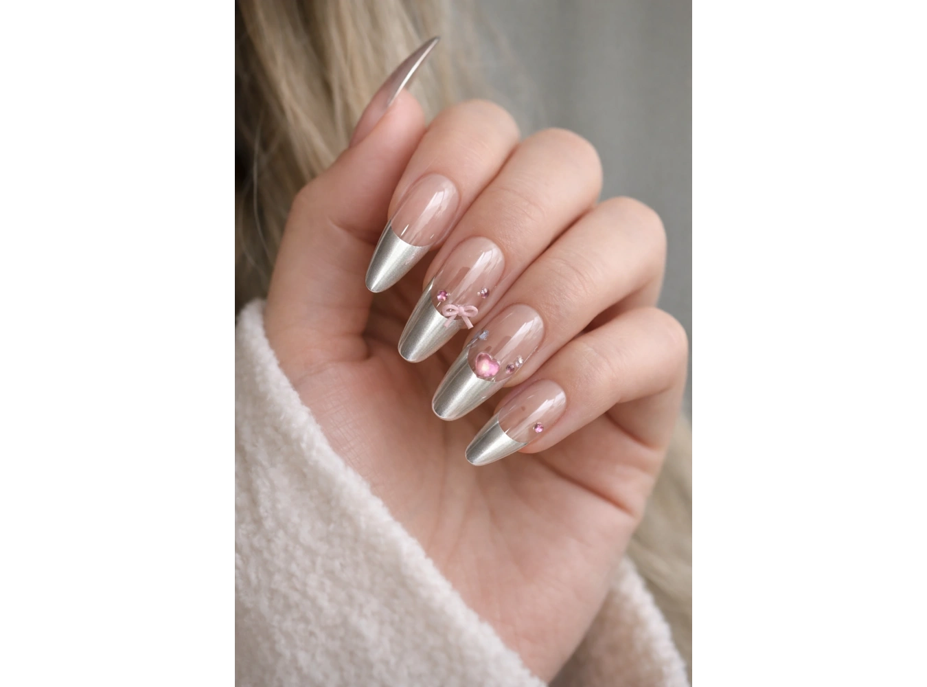 12li Pudra Ve Gri Renk Jel Görünümlü Takma Tırnak (Yapıştırıcılı)