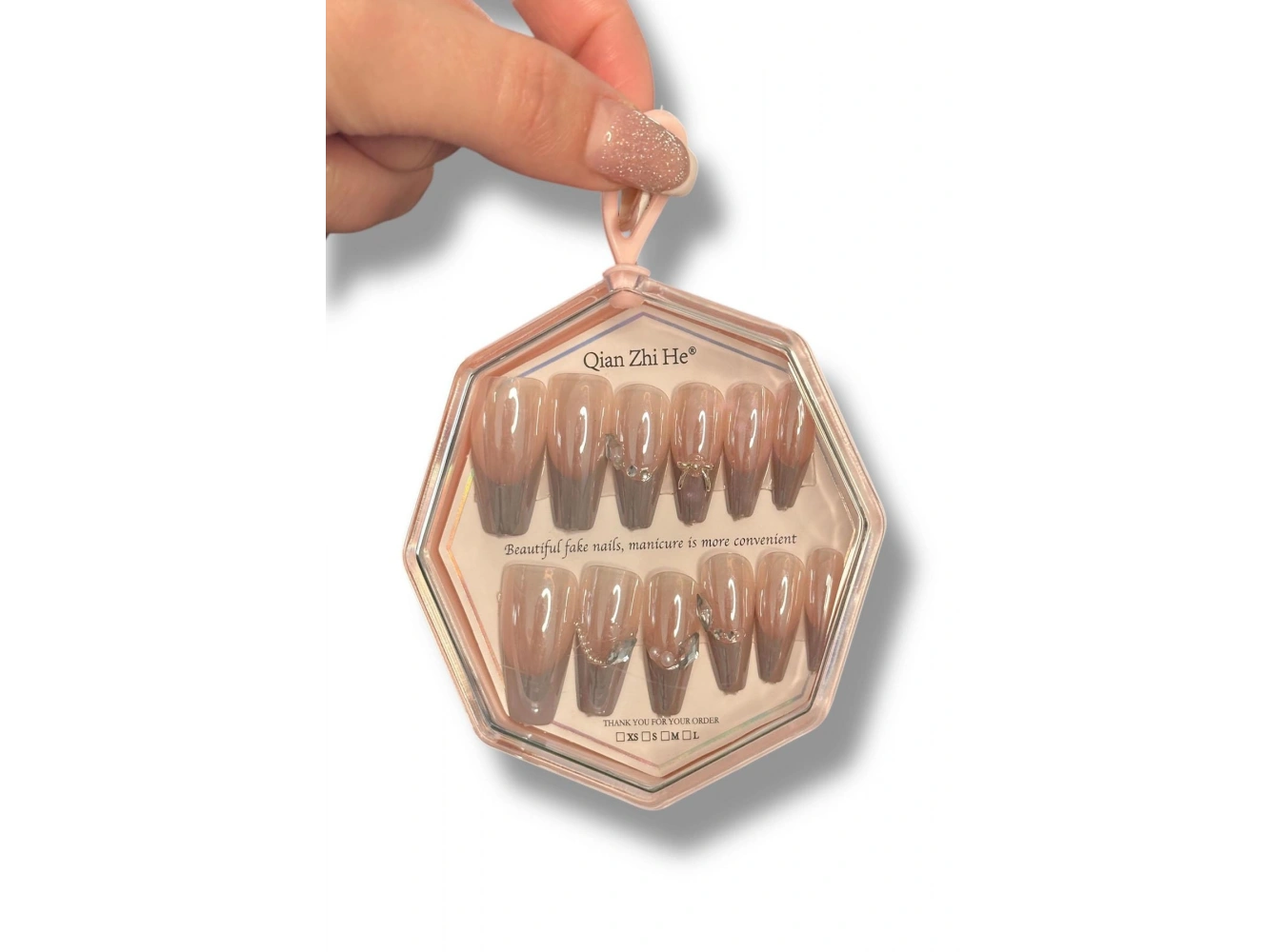 12li Pudra Ve Koyu Gri Renk Jel Görünümlü Takma Tırnak (Yapıştırıcılı)