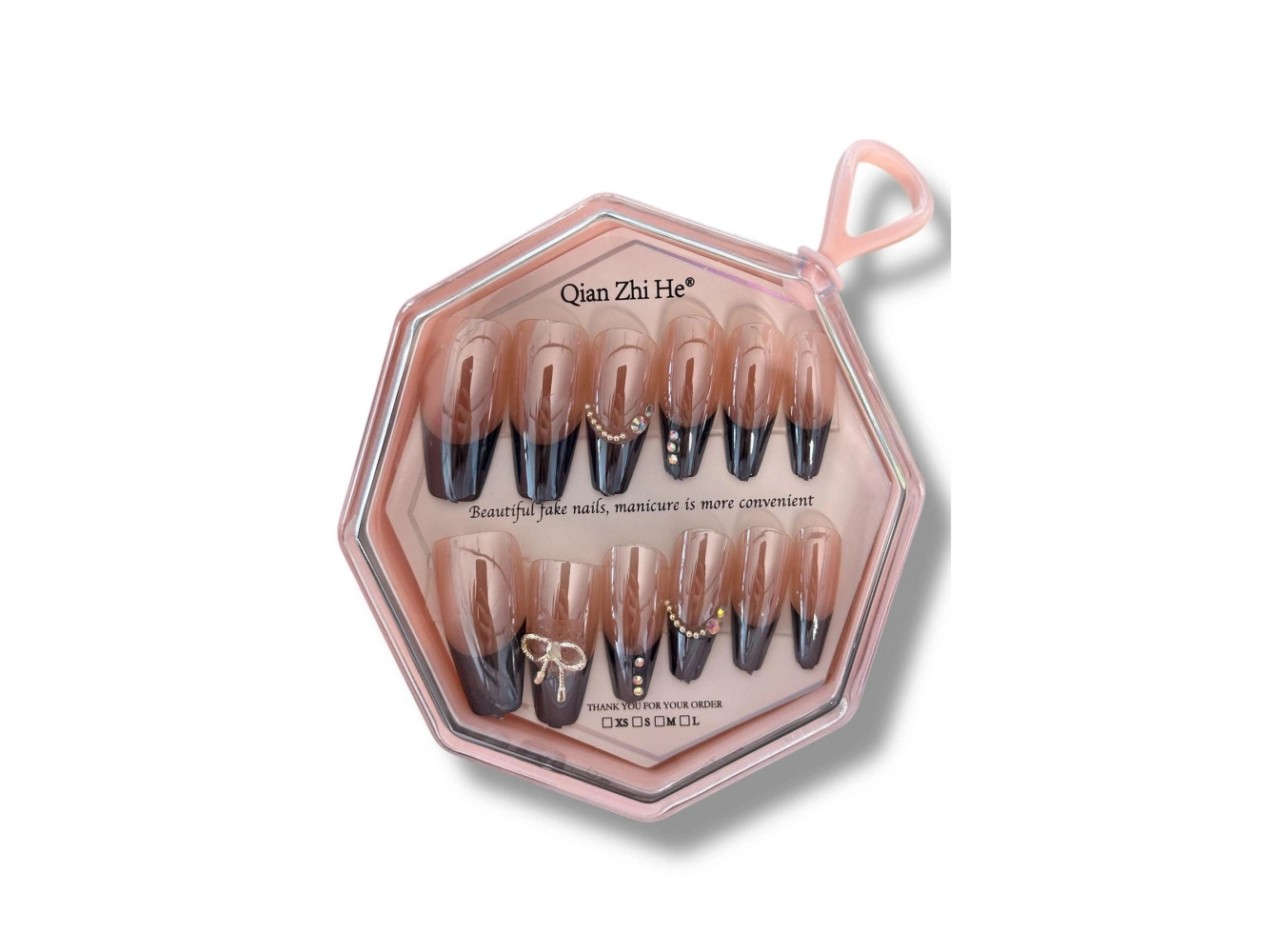 12li Pudra Ve Siyah Renk Jel Görünümlü Takma Tırnak (Yapıştırıcılı)