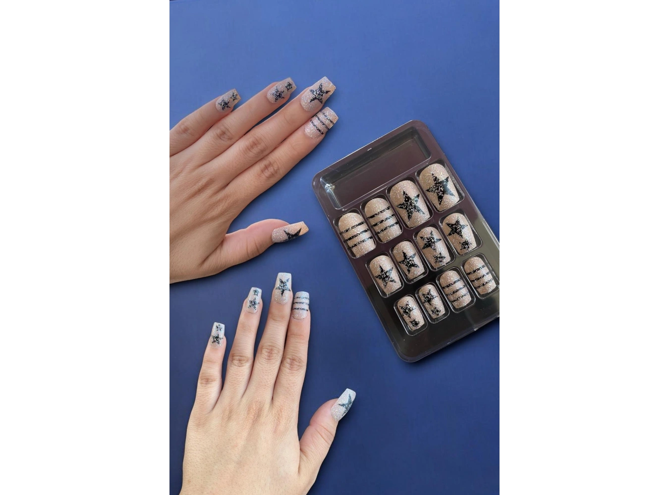 12li Siyah Ve Beyaz Yıldız Figürlü Takma Tırnak Set