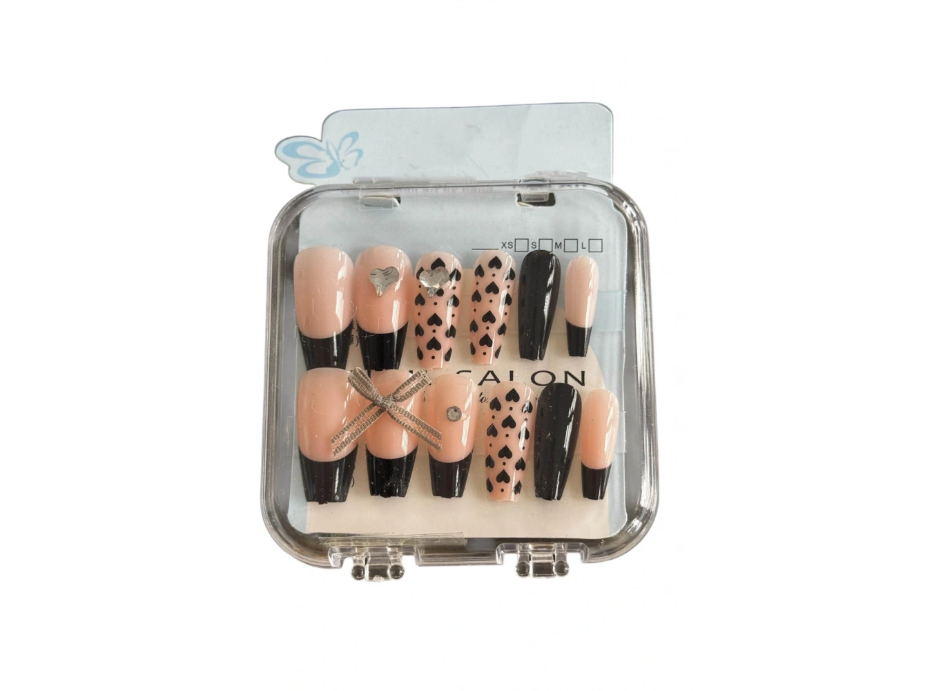 12li Siyah Ve Pembe Renk Kurdele Figürlü Taşlı Takma Tırnak Set (Yapıştırıcılı)