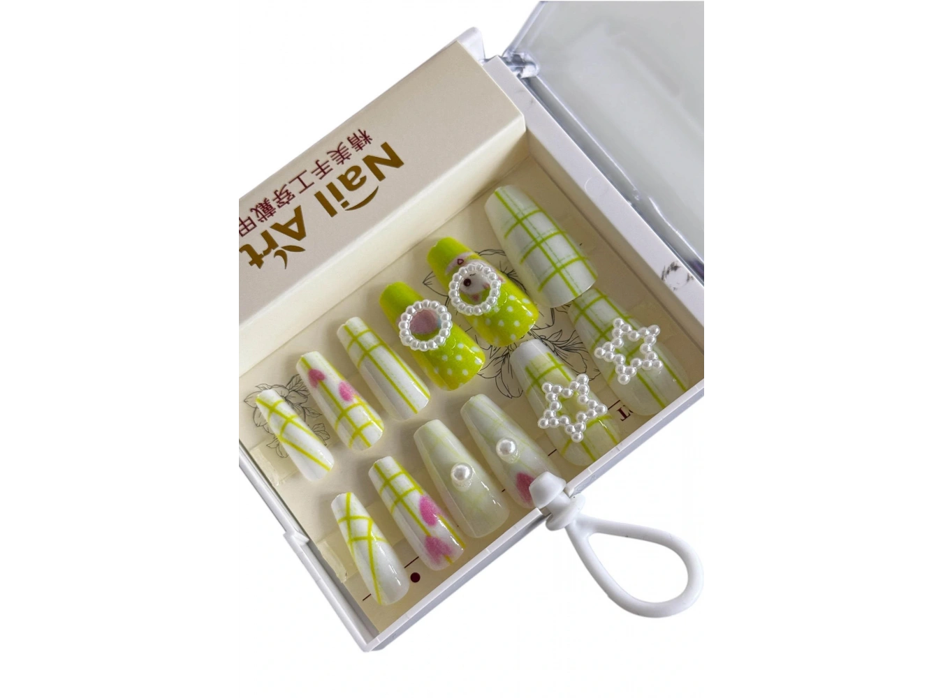 12li Yeşil Renk İnci Detaylı Takma Tırnak Set (Yapıştırıcılı)