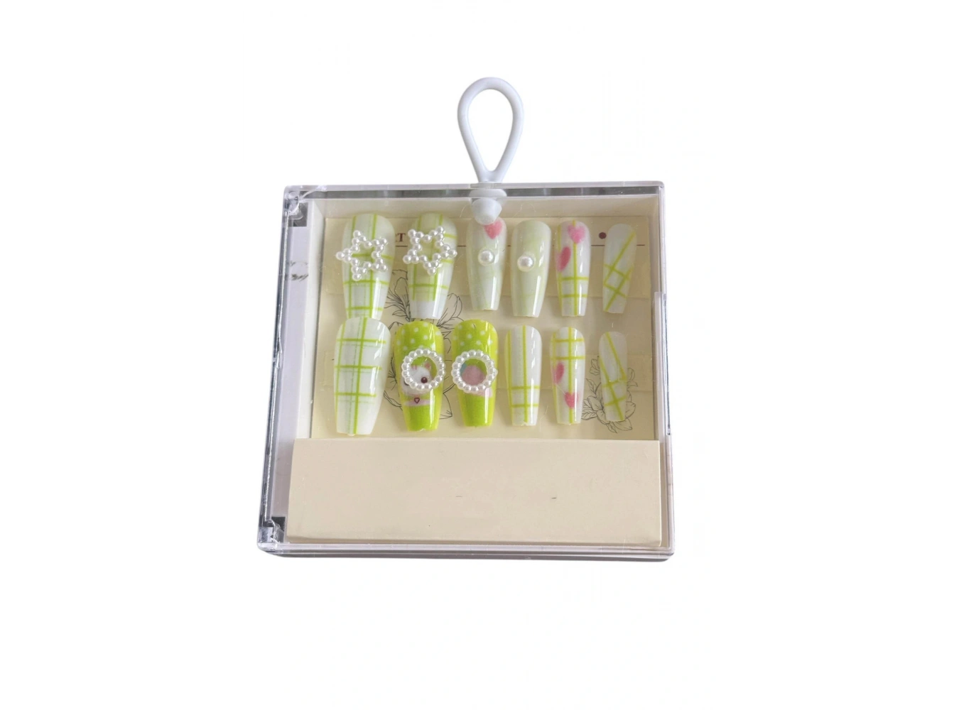 12li Yeşil Renk İnci Detaylı Takma Tırnak Set (Yapıştırıcılı)