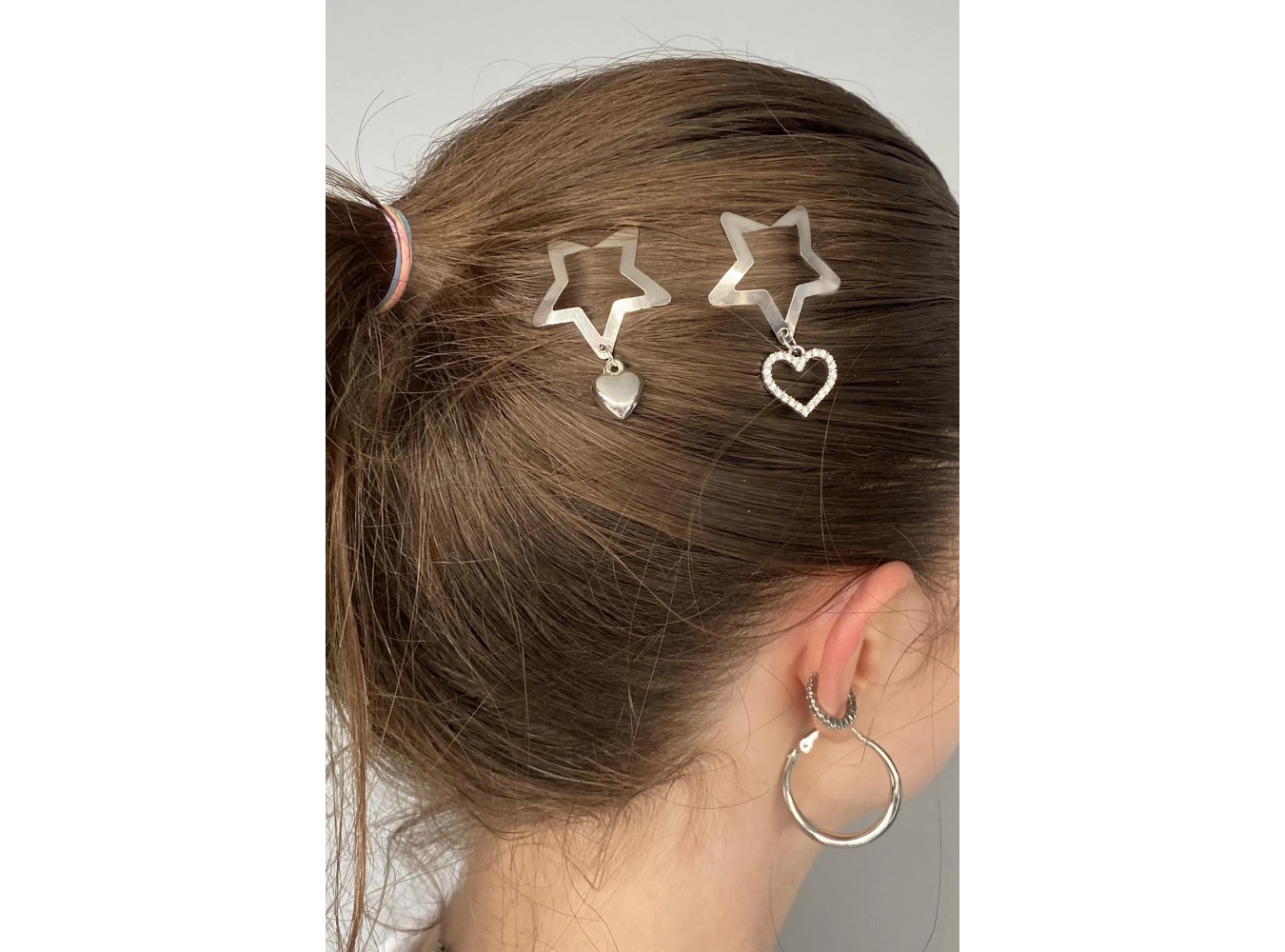 2li Gümüş Renk Yıldız Figürlü Kalp Detaylı Yan Toka Set