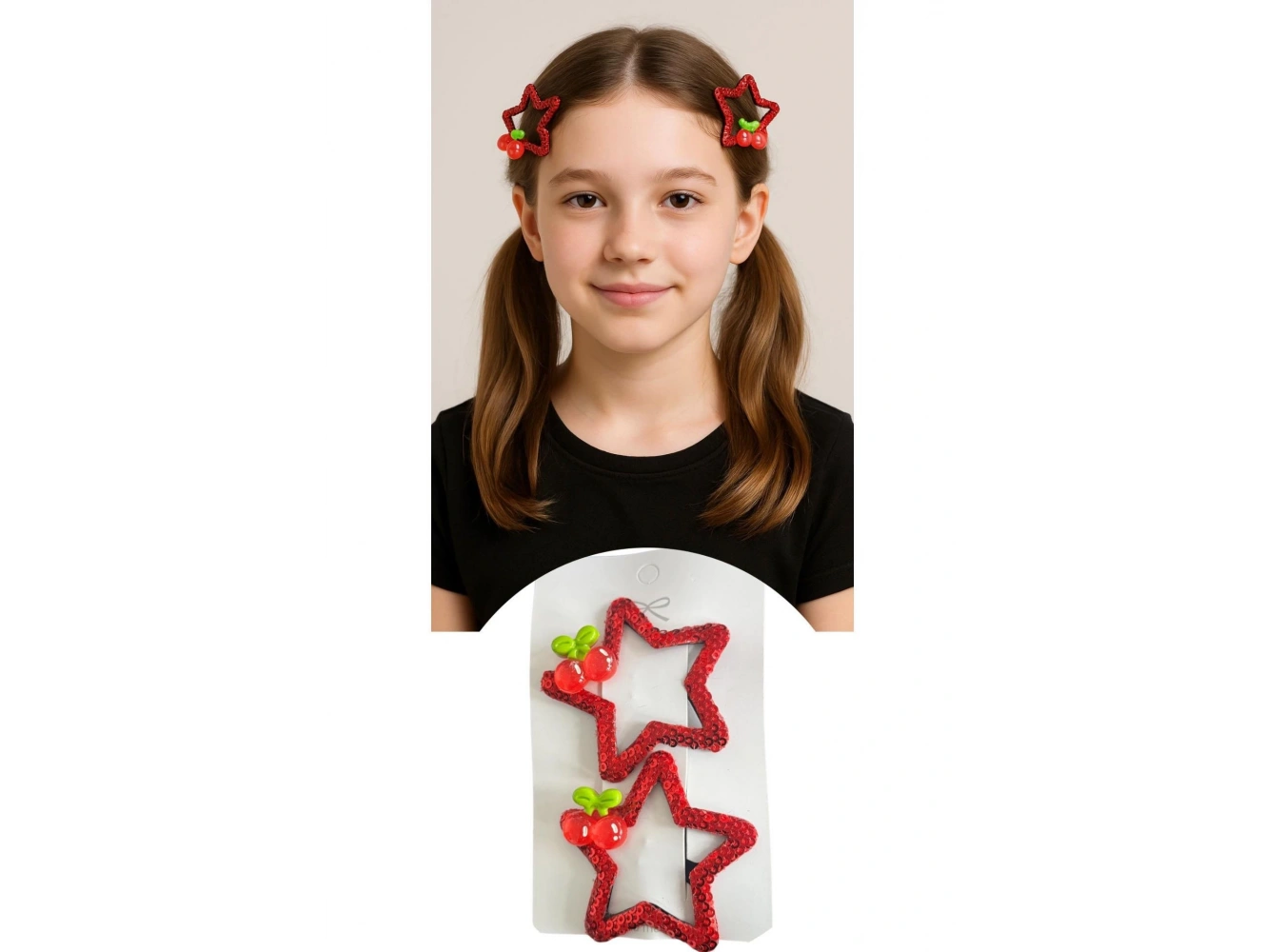 2li Kırmızı Renk Yıldız Figürlü Kiraz Detaylı Yan Toka Set