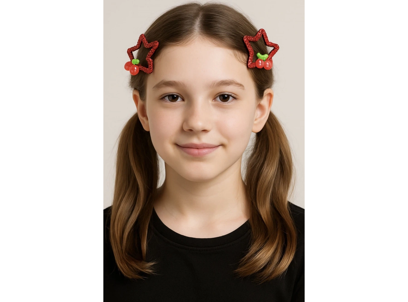 2li Kırmızı Renk Yıldız Figürlü Kiraz Detaylı Yan Toka Set