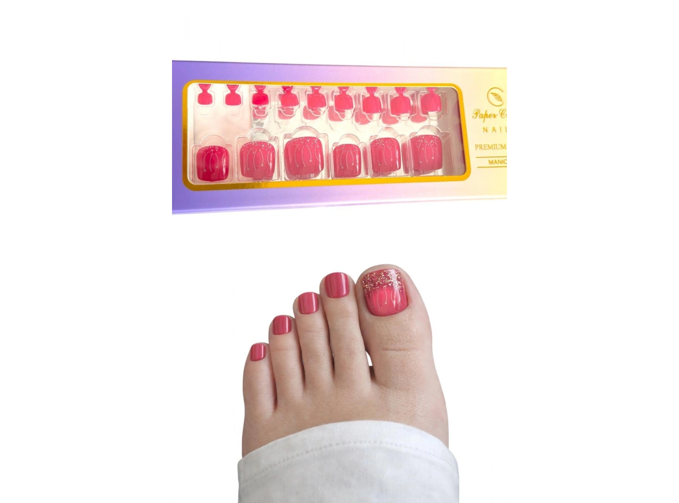 24 Adet Fuşya Renk Ayak Takma Tırnak (Yapıştırıcılı)