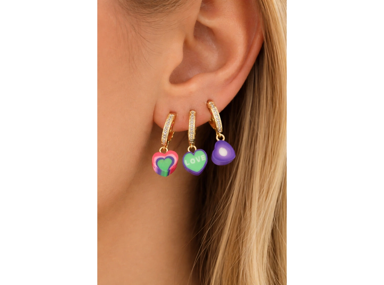 3lü Altın Renk Kalp Figürlü 14K Altın Kaplama TX Küpe