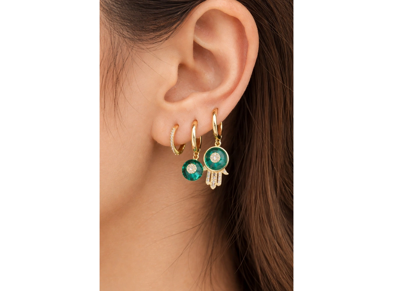 3lü Altın Renk Mavi Taş Detaylı 14K Altın Kaplama TX Küpe