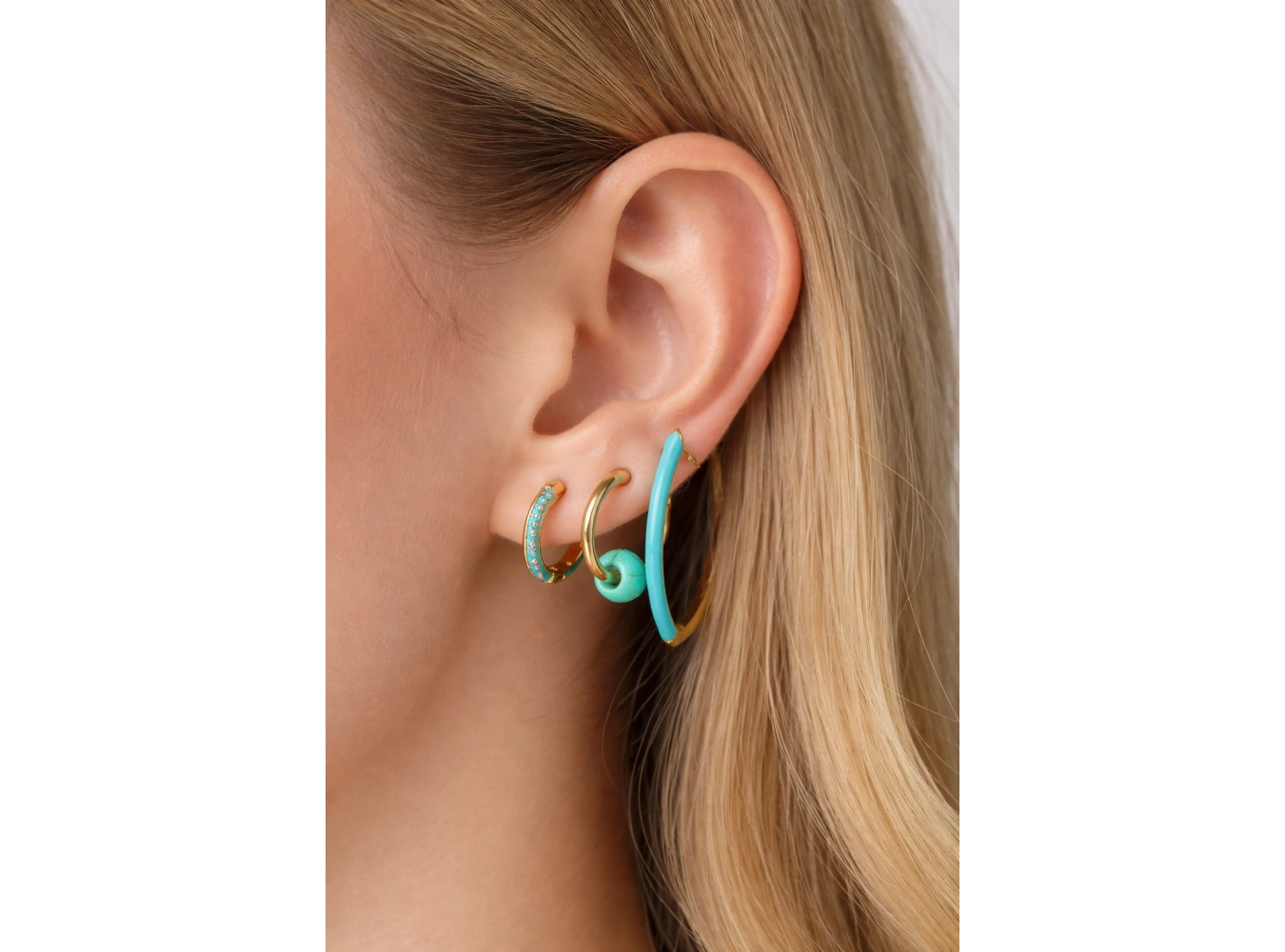 3lü Altın Renk Mavi Taş Detaylı 14K Altın Kaplama TX Küpe