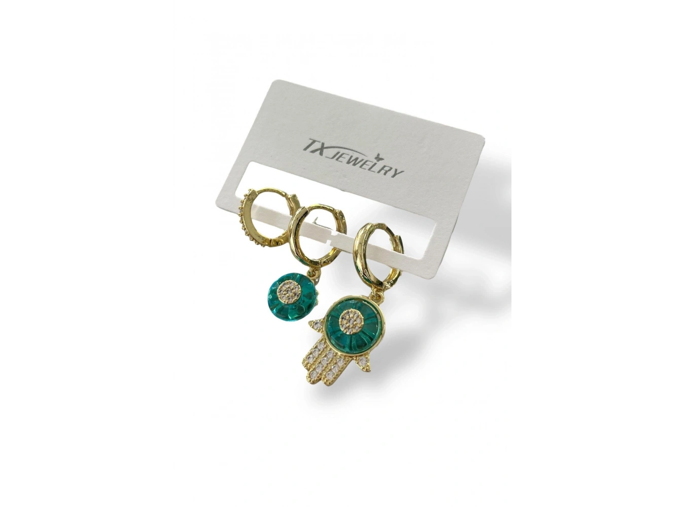 3lü Altın Renk Mavi Taş Detaylı 14K Altın Kaplama TX Küpe