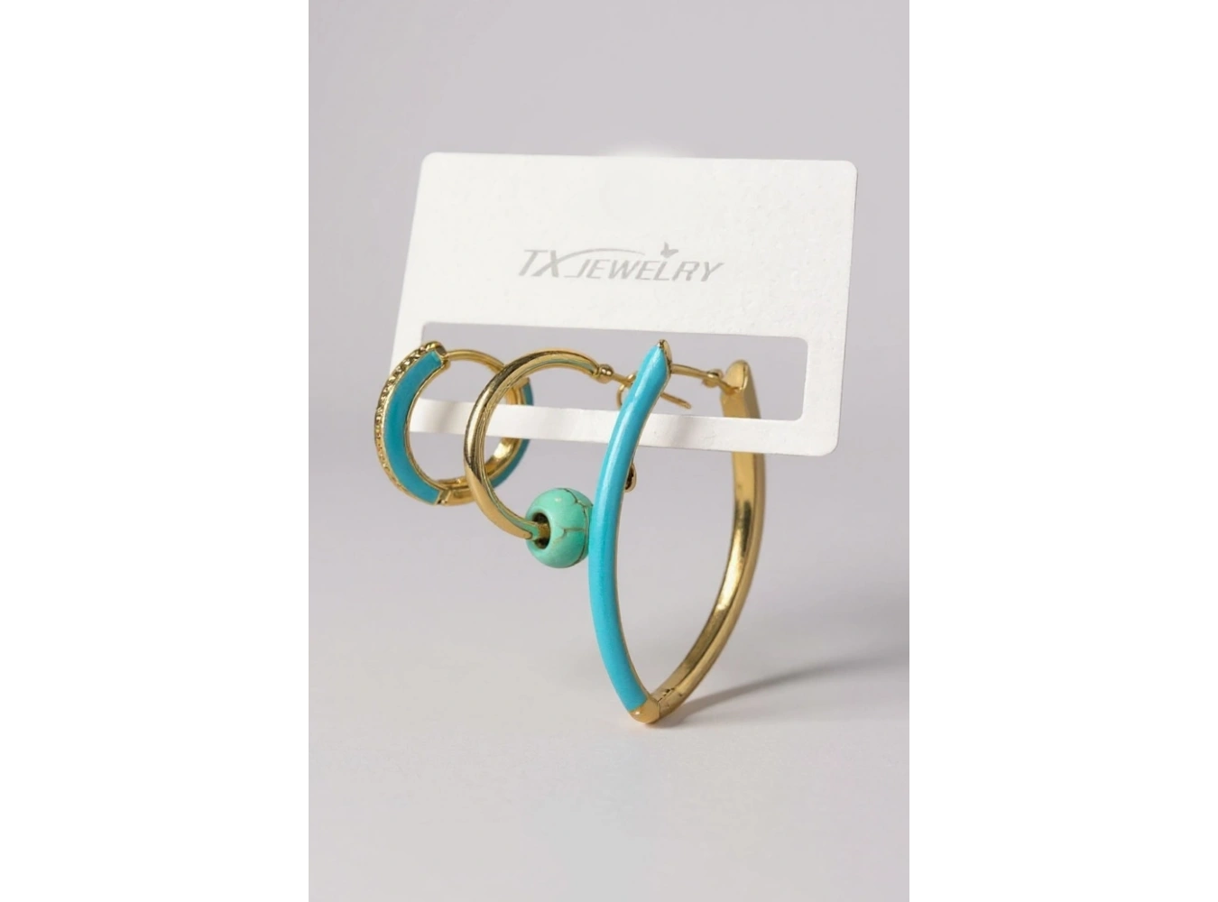 3lü Altın Renk Mavi Taş Detaylı 14K Altın Kaplama TX Küpe