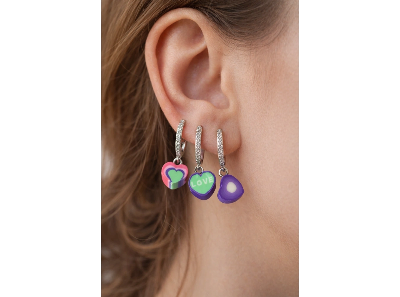 3lü Gümüş Renk Kalp Figürlü 14K Altın Kaplama TX Küpe