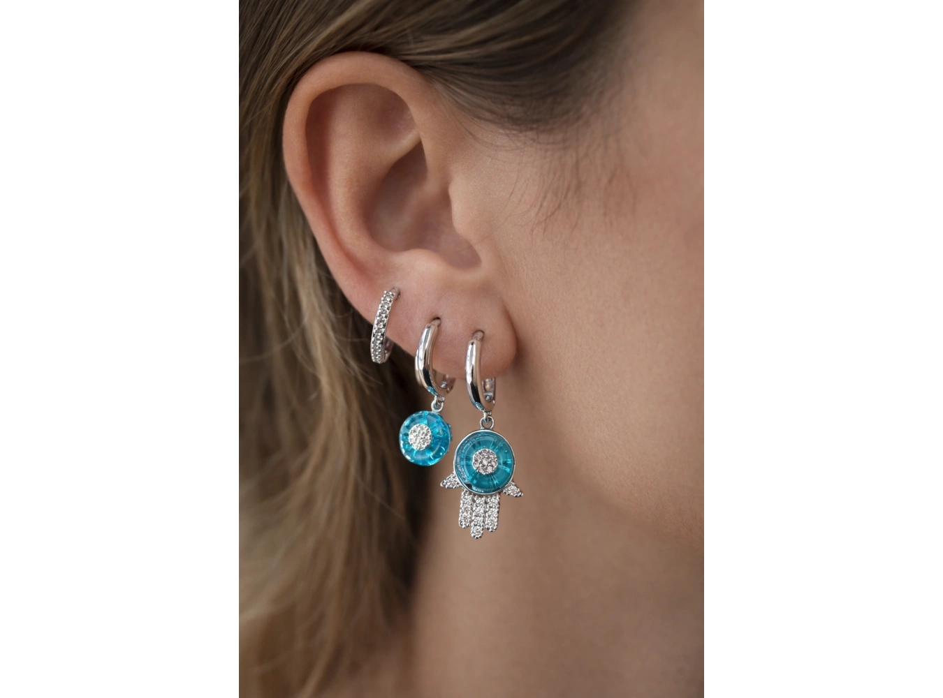 3lü Gümüş Renk Mavi Taş Detaylı 14K Altın Kaplama TX Küpe