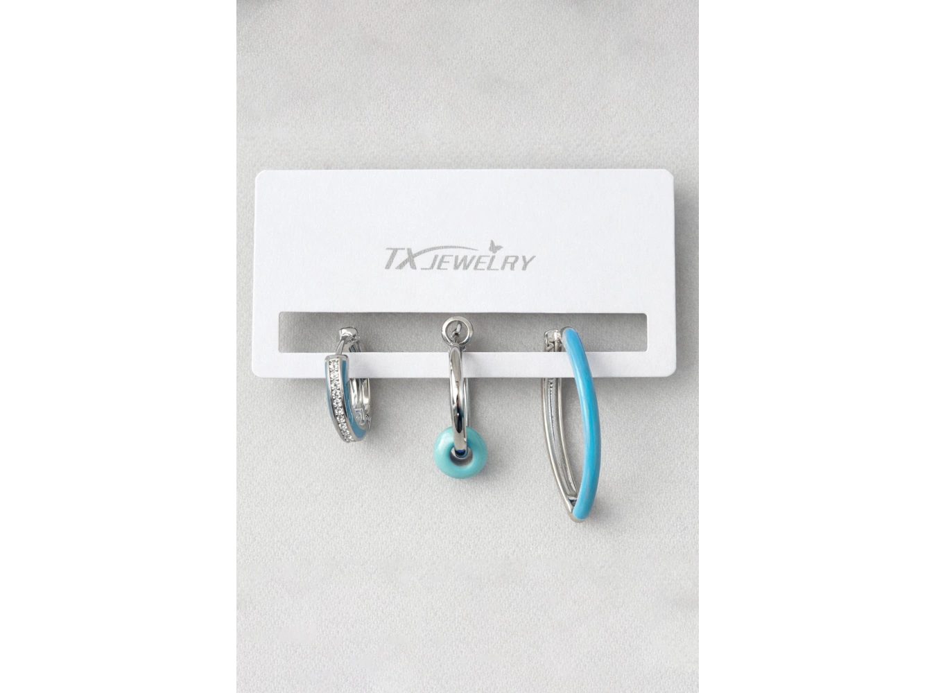 3lü Gümüş Renk Mavi Taş Detaylı 14K Altın Kaplama TX Küpe