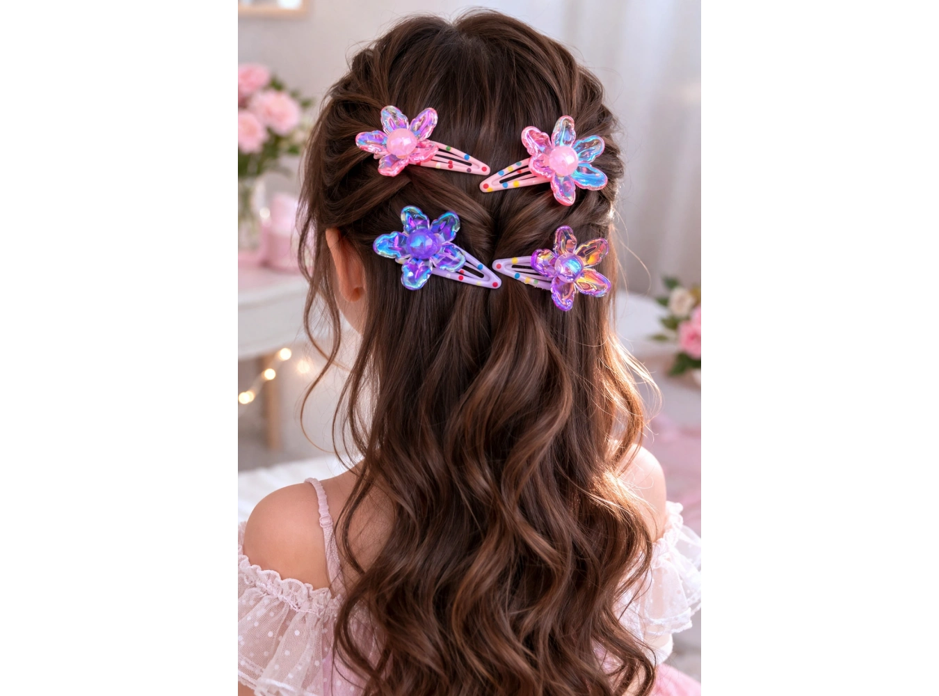 4lü Pembe Ve Mor Renk Çiçek Figürlü Yan Toka