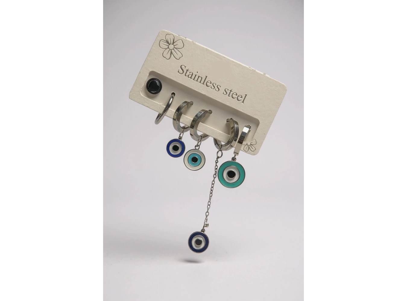 6lı Gümüş Renk Nazar Boncuk Figürlü Çelik Halka Küpe Set