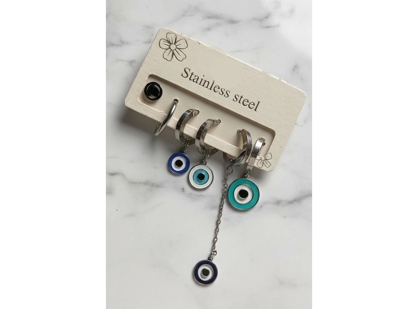 6lı Gümüş Renk Nazar Boncuk Figürlü Çelik Halka Küpe Set