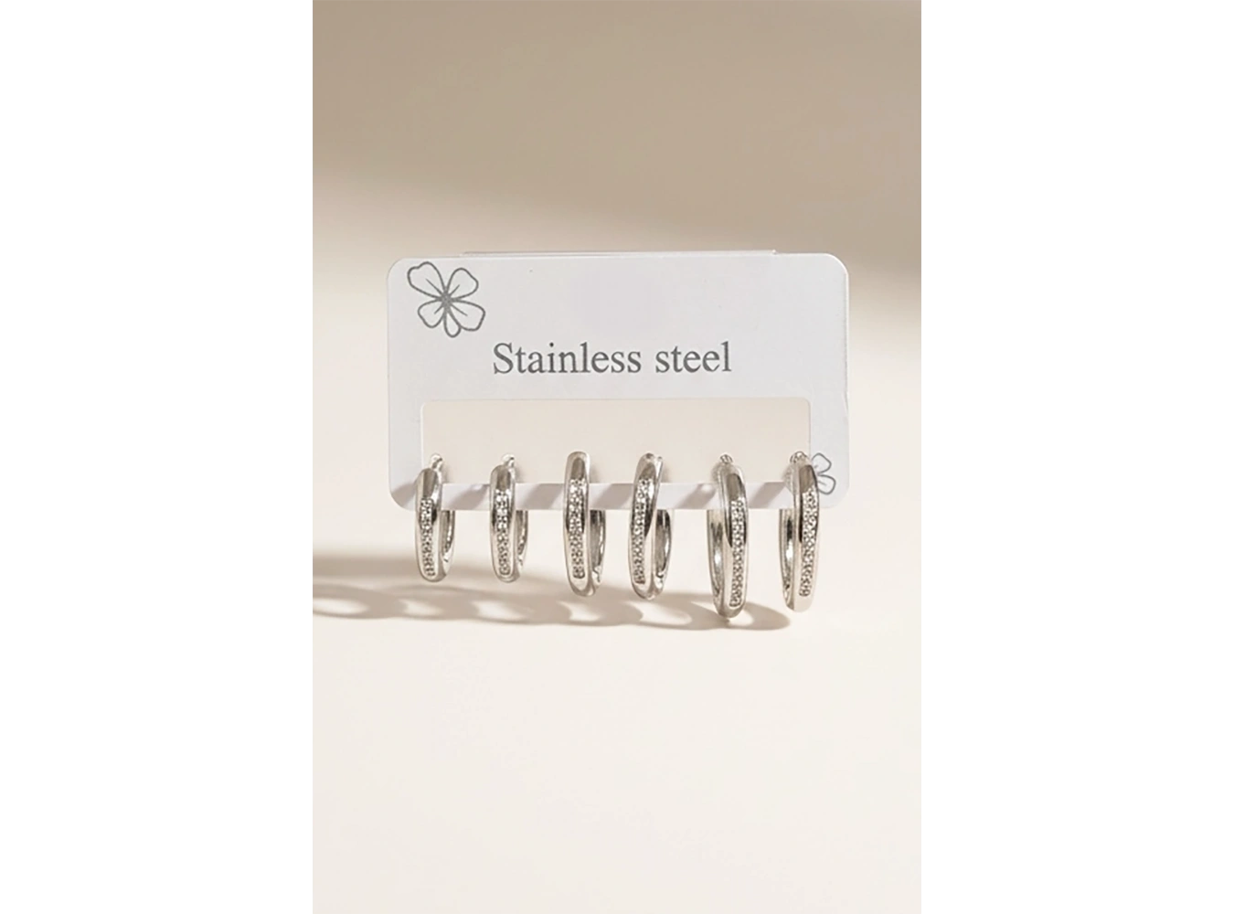 6lı Gümüş Renk Taş Detaylı Çelik Küpe Set