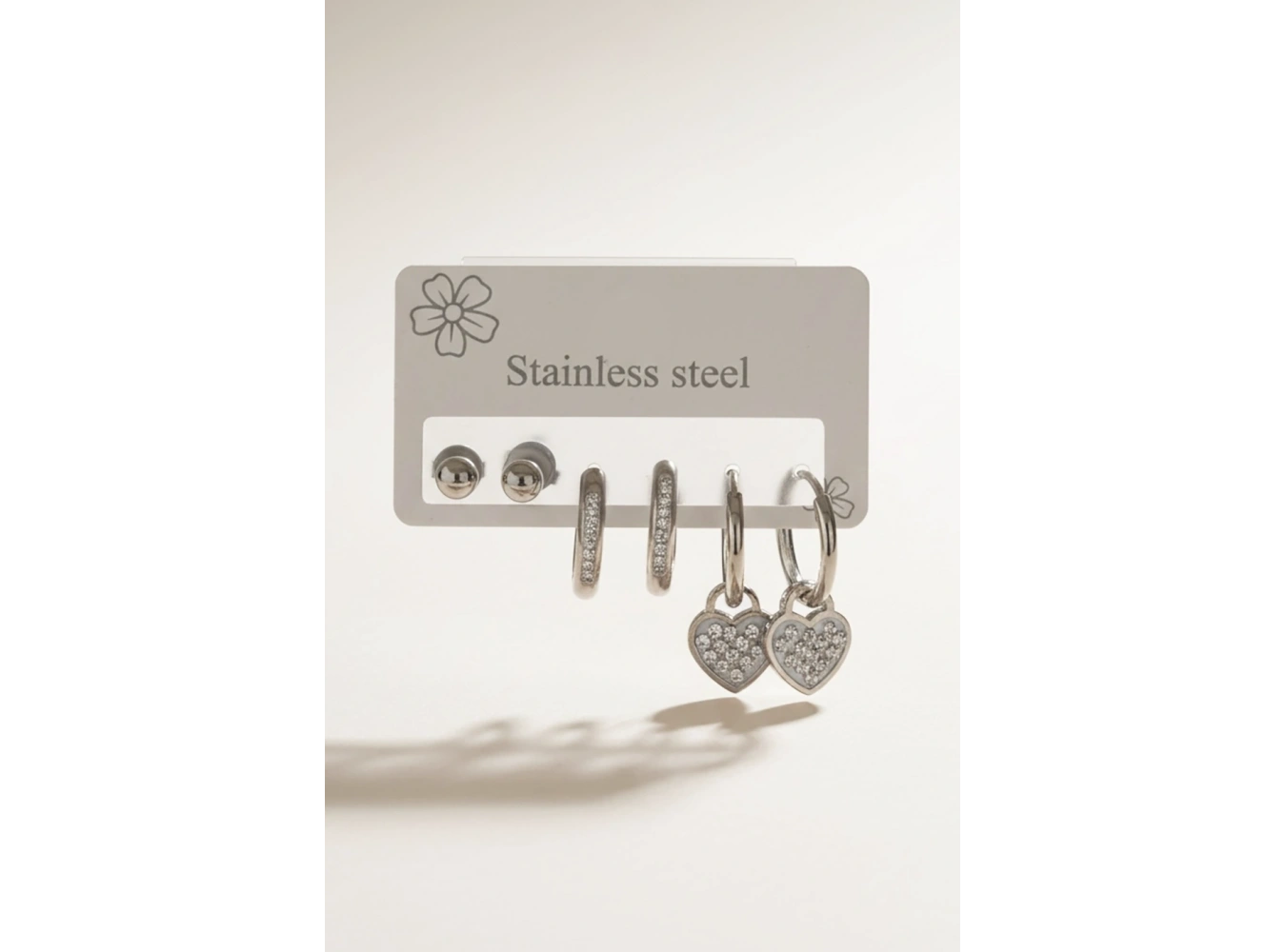 6lı Gümüş Renk Taş Detaylı Çelik Küpe Set