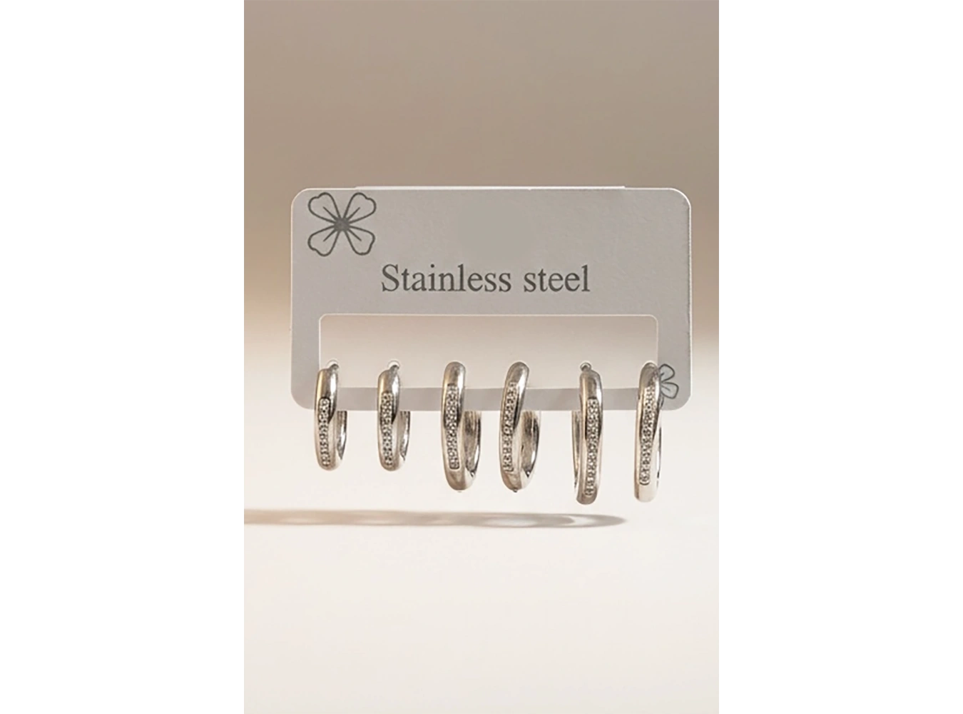 6lı Gümüş Renk Taş Detaylı Çelik Küpe Set