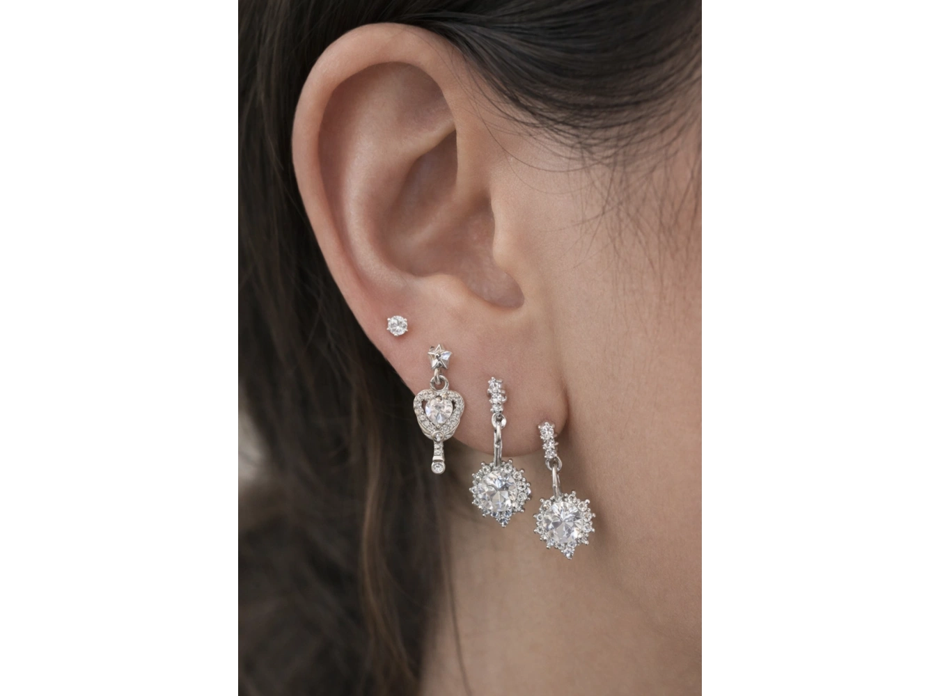 6lı Gümüş Renk Taşlı Küpe Set