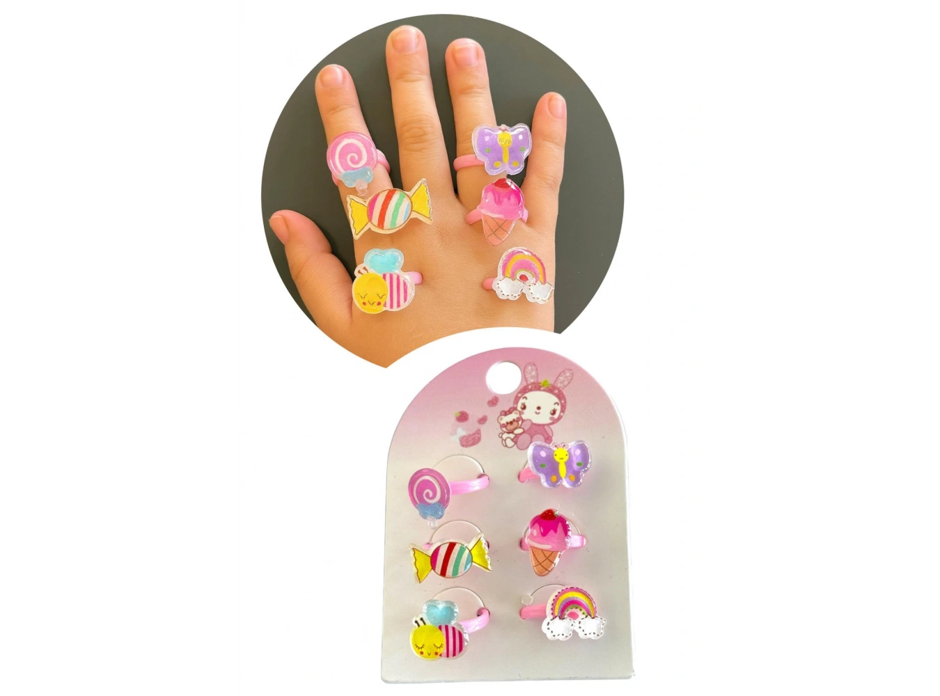 6lı Pembe Renk Karışık Figürlü Çocuk Yüzük Set